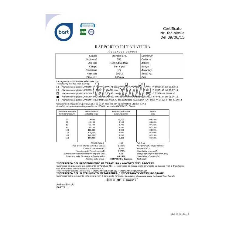 Calibration report ACCREDIA for st.steel pressure guage dn 100mm