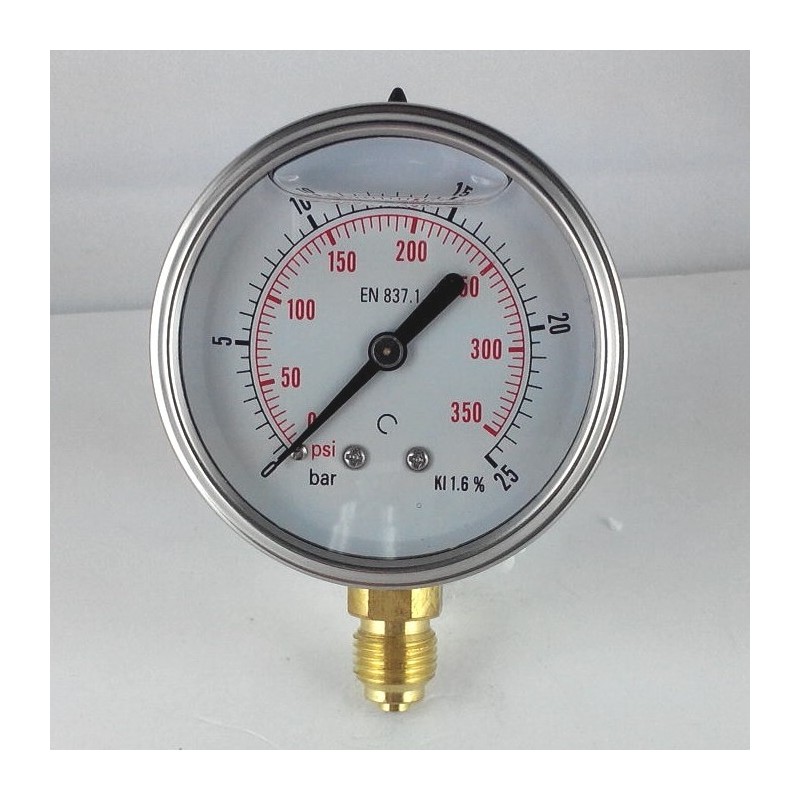 Glycerine filled pressure gauge 25 Bar diameter dn 63mm bottom