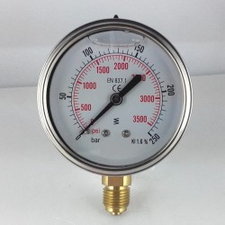 Glycerine filled pressure gauge 250 Bar diameter dn 63mm bottom