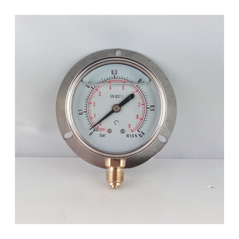 0,6 Bar glycerine filled pressure gauge 63 wall flange dn 63mm