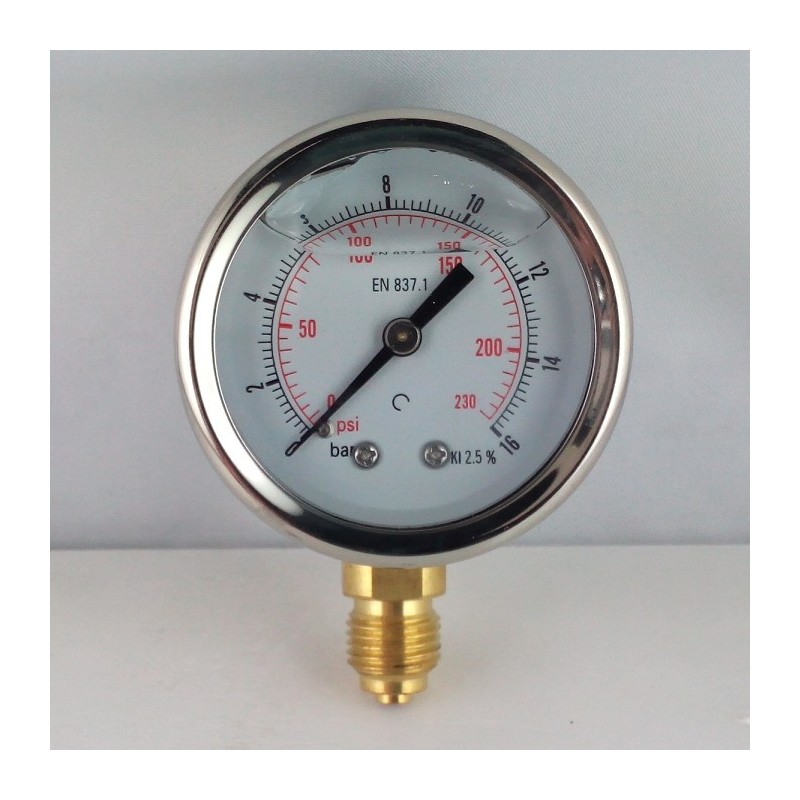 Glycerine filled pressure gauge 16 Bar diameter dn 50mm bottom