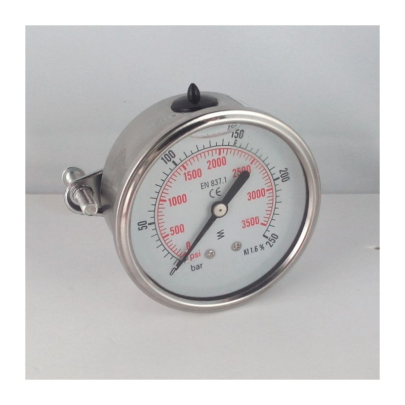 Glycerine filled pressure gauge 250 Bar diameter dn 50mm u-clamp