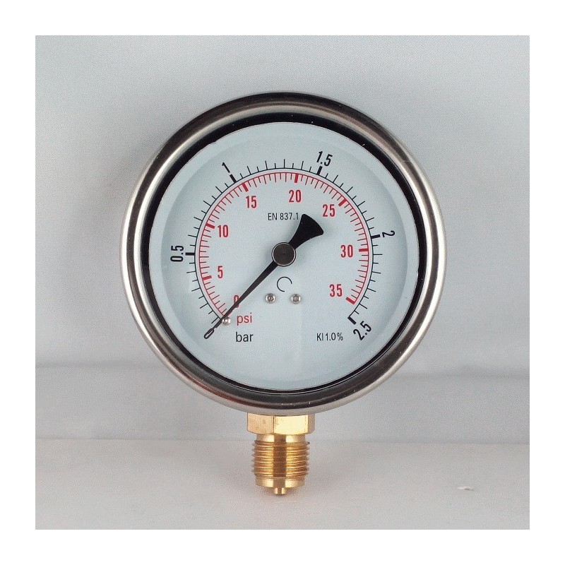 Glycerine filled pressure gauge 2,5 Bar diameter dn 100mm bottom