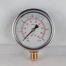 Glycerine filled pressure gauge 6 Bar diameter dn 100mm bottom