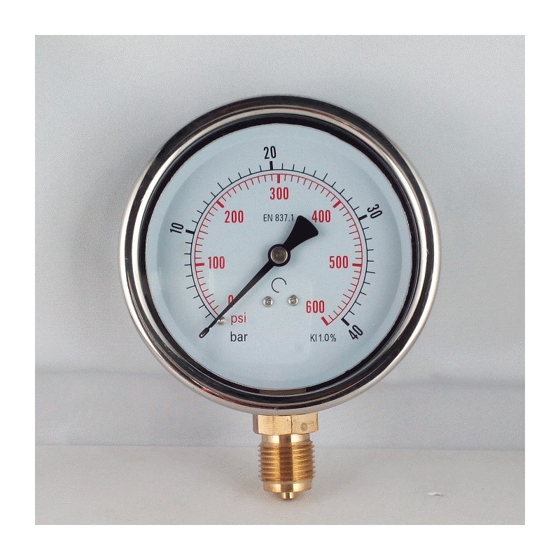 Glycerine filled pressure gauge 40 Bar diameter dn 100mm bottom