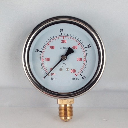 Glycerine filled pressure gauge 40 Bar diameter dn 100mm bottom