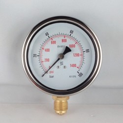 Glycerine filled pressure gauge 100 Bar diameter dn 100mm bottom
