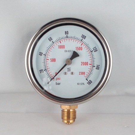 Glycerine filled pressure gauge 160 Bar diameter dn 100mm bottom