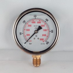 Glycerine filled pressure gauge 600 Bar diameter dn 100mm bottom