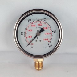 Glycerine filled pressure gauge 1000 Bar diameter dn 100mm bottom