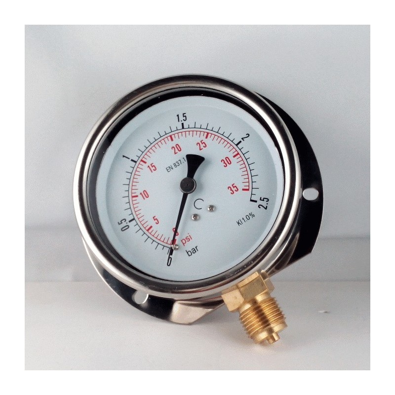 Glycerine filled pressure gauge 2,5 Bar wall flange dn 100mm