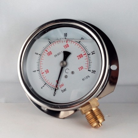 Glycerine filled pressure gauge 16 Bar wall flange dn 100mm