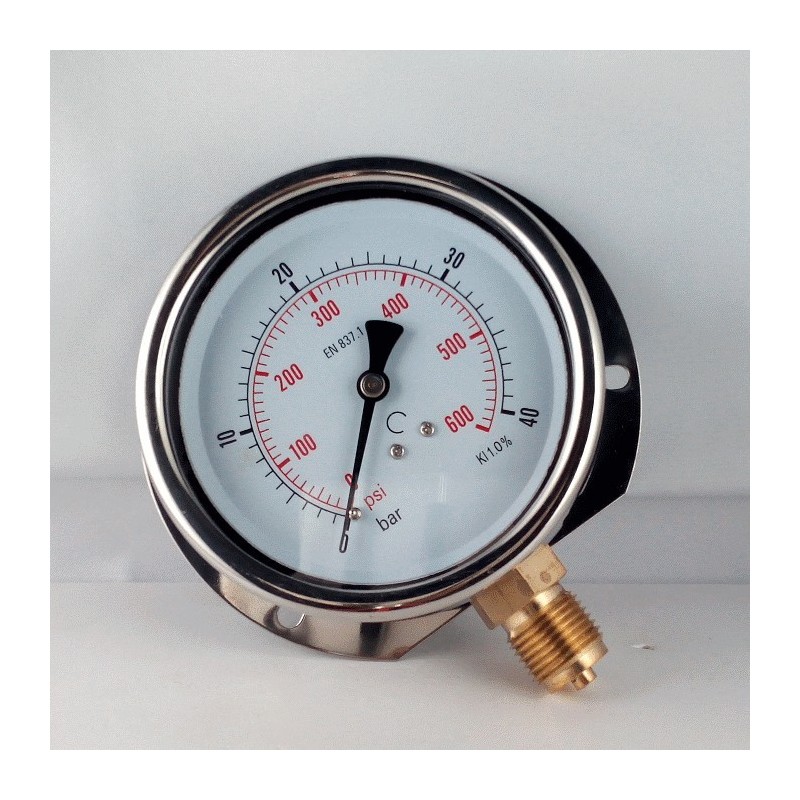 Glycerine filled pressure gauge 40 Bar wall flange dn 100mm