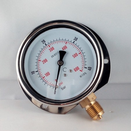 Glycerine filled pressure gauge 40 Bar wall flange dn 100mm