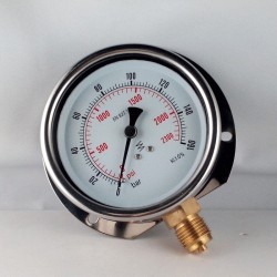 Glycerine filled pressure gauge 160 Bar wall flange dn 100mm