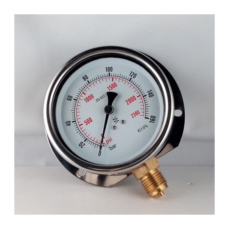 Glycerine filled pressure gauge 160 Bar wall flange dn 100mm
