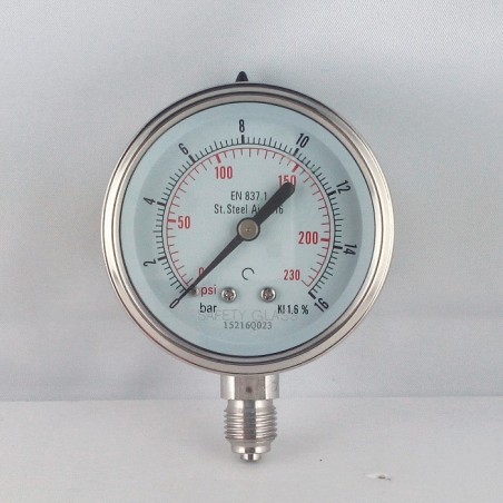 Stainless steel pressure gauge 16 Bar diameter dn 63mm bottom