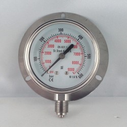 Stainless steel pressure gauge 600 Bar dn 63mm back flange