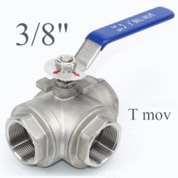 3 way stainless stell ball valves T movement 3/8"