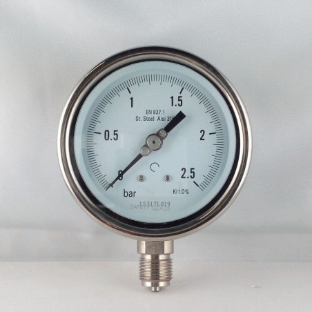 Stainless steel pressure gauge 2,5 Bar diameter dn 100mm bottom