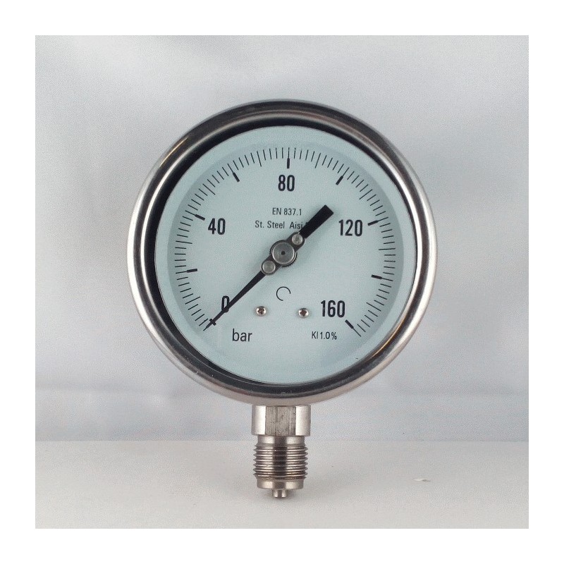 Stainless steel pressure gauge 160 Bar diameter dn 100mm bottom