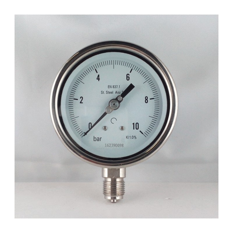 Stainless steel pressure gauge 10 Bar diameter dn 100mm bottom Stainless steel pressure gauge 10 Bar diameter dn 100mm bottom