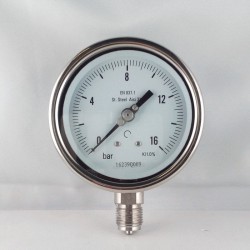 Stainless steel pressure gauge 16 Bar diameter dn 100mm bottom