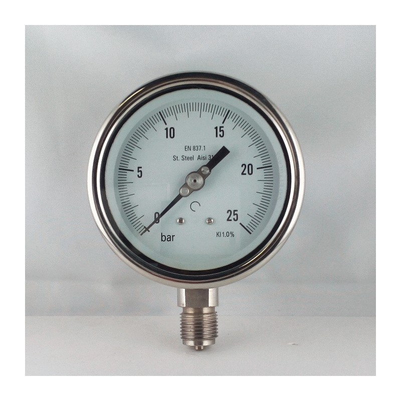 Stainless steel pressure gauge 25 Bar diameter dn 100mm bottom Stainless steel pressure gauge 25 Bar diameter dn 100mm bottom