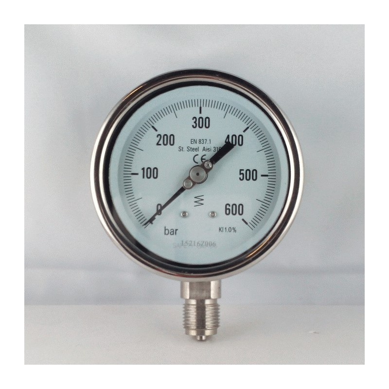 Stainless steel pressure gauge 600 Bar diameter dn 100mm bottom