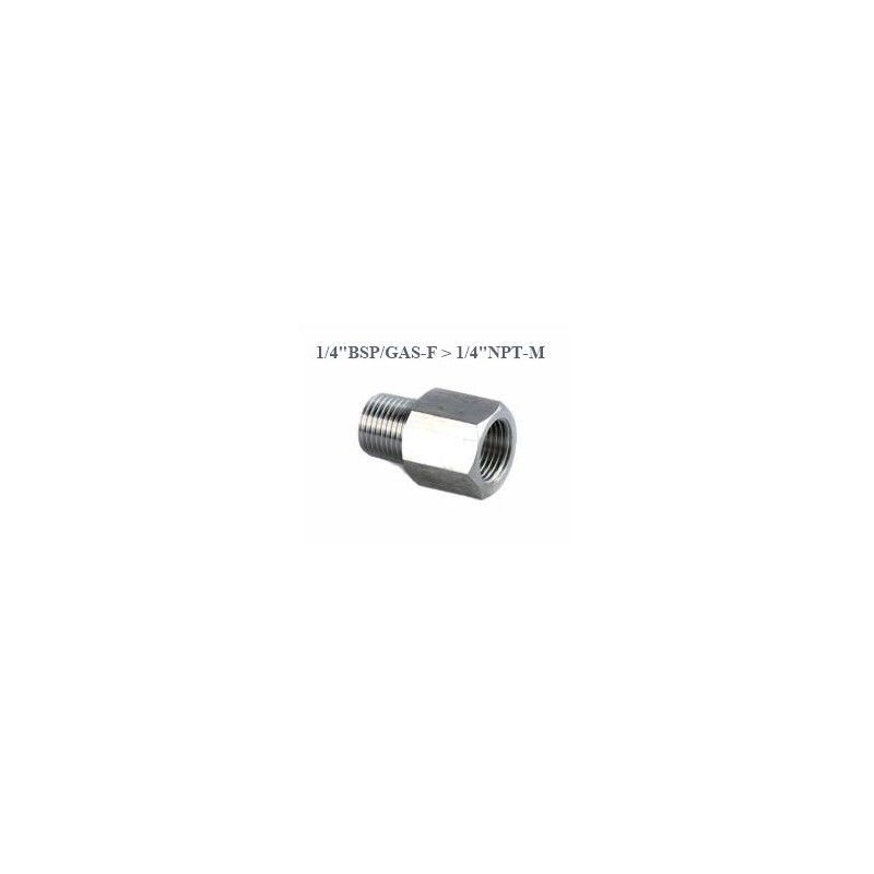 Raccordo adattatore inox da F 1/4" Gas a M 1/4" NPT Raccordo adattatore inox da F 1/4" Gas a M 1/4" NPT