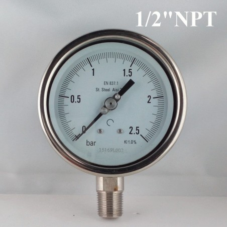 Stainless steel pressure gauge 2,5 Bar diameter dn 100mm bott. 1/2"NPT