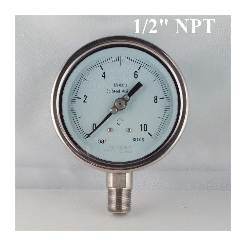 Stainless steel pressure gauge 10 Bar diameter dn 100mm bott. 1/2" NPT