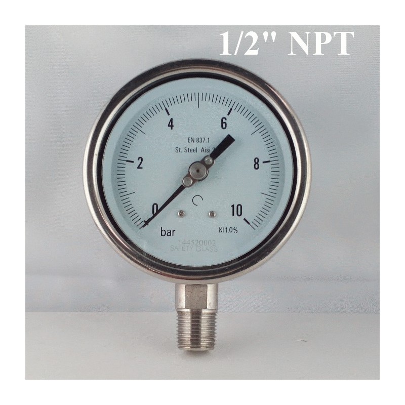 Stainless steel pressure gauge 10 Bar diameter dn 100mm bott. 1/2" NPT Stainless steel pressure gauge 10 Bar diameter dn 100mm bott. 1/2" NPT