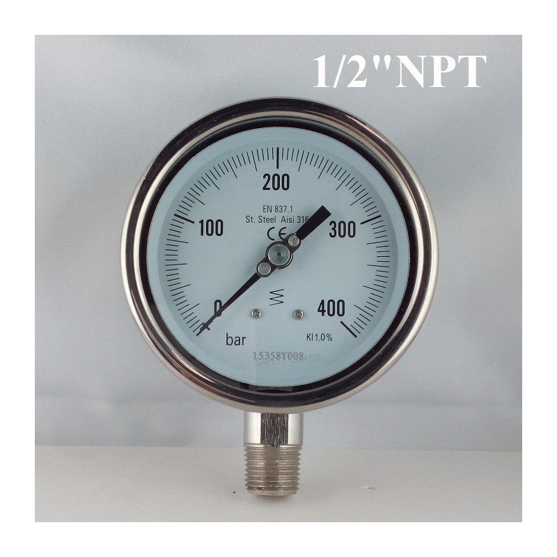 Stainless steel pressure gauge 400 Bar diameter dn 100mm bott. 1/2" NPT