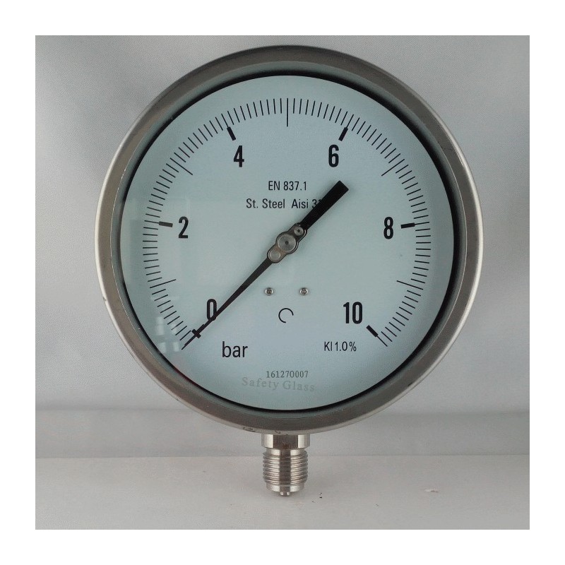 Stainless steel pressure gauge 10 Bar dn 150mm bottom or back flange