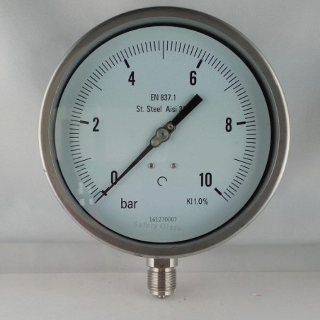 Stainless steel pressure gauge 10 Bar dn 150mm bottom or back flange