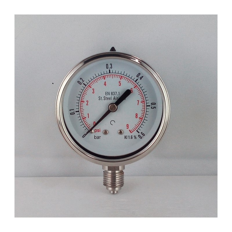 Stainless steel pressure gauge 0,6 Bar diameter dn 63mm bottom