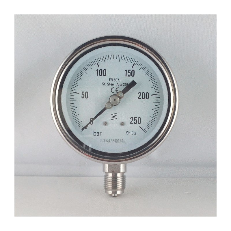 Stainless steel pressure gauge 250 Bar diameter dn 100mm bottom Stainless steel pressure gauge 250 Bar diameter dn 100mm bottom