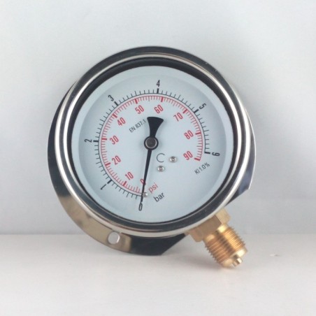 Glycerine filled pressure gauge 6 Bar wall flange dn 100mm