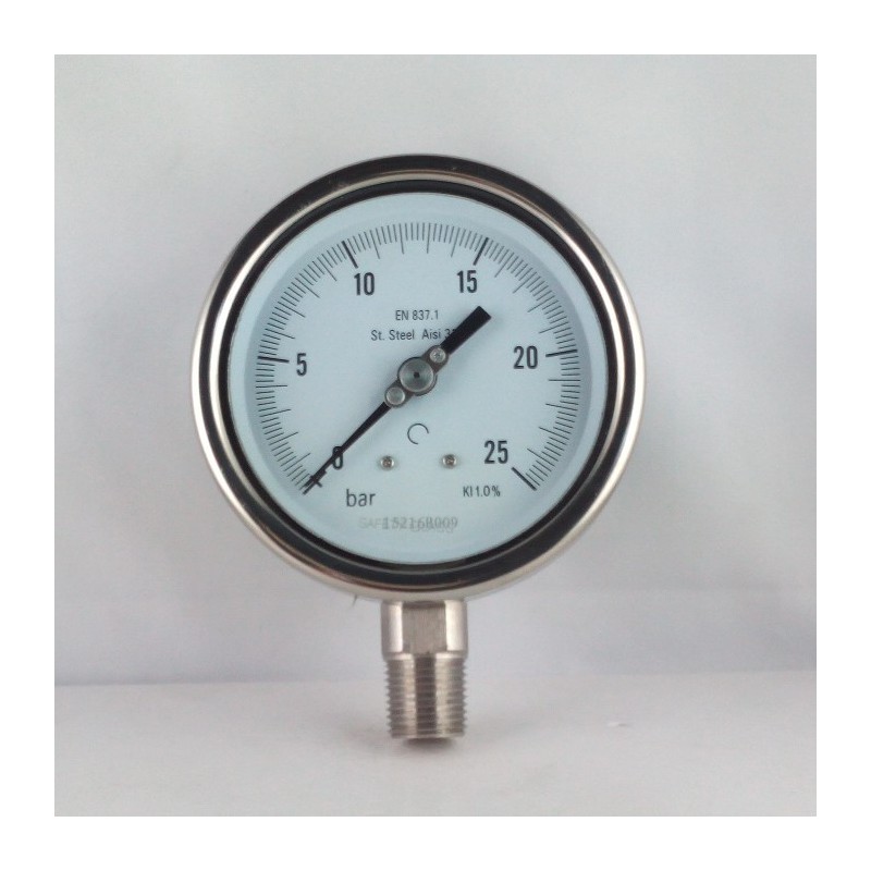 Stainless steel pressure gauge 25 Bar diameter dn 100mm bott. 1/2" NPT