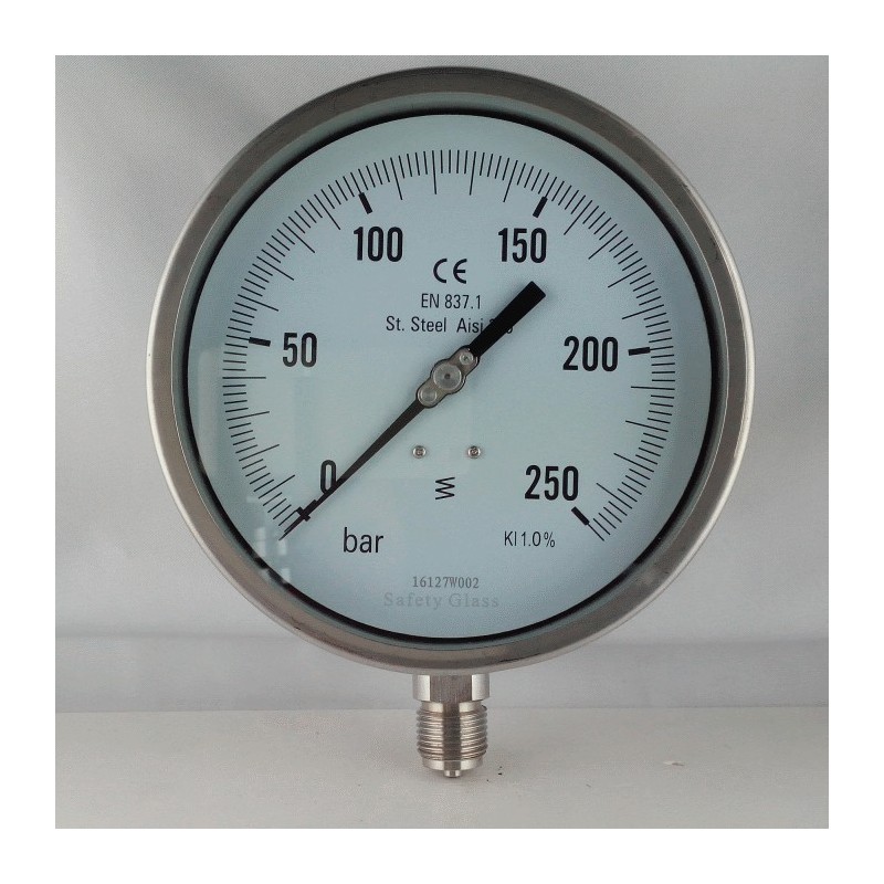 Stainless steel pressure gauge 250 Bar dn 150mm bottom 1/2"NPT