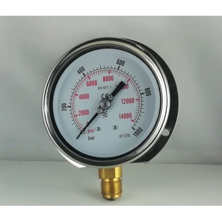 Glycerine filled pressure gauge 1000 Bar wall flange dn 100mm