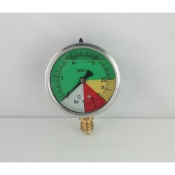 Glycerine filled ISOMETRIC pressure gauge colored dials 25-60 Bar dn 63mm bottom