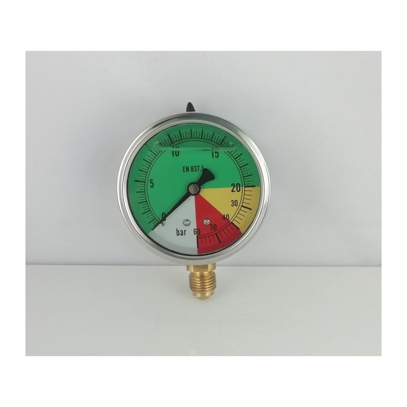 Glycerine filled ISOMETRIC pressure gauge colored dials 25-60 Bar dn 63mm bottom
