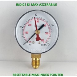 Dry pressure gauge 40 Bar with max pressure pointer diameter dn 63mm  bottom