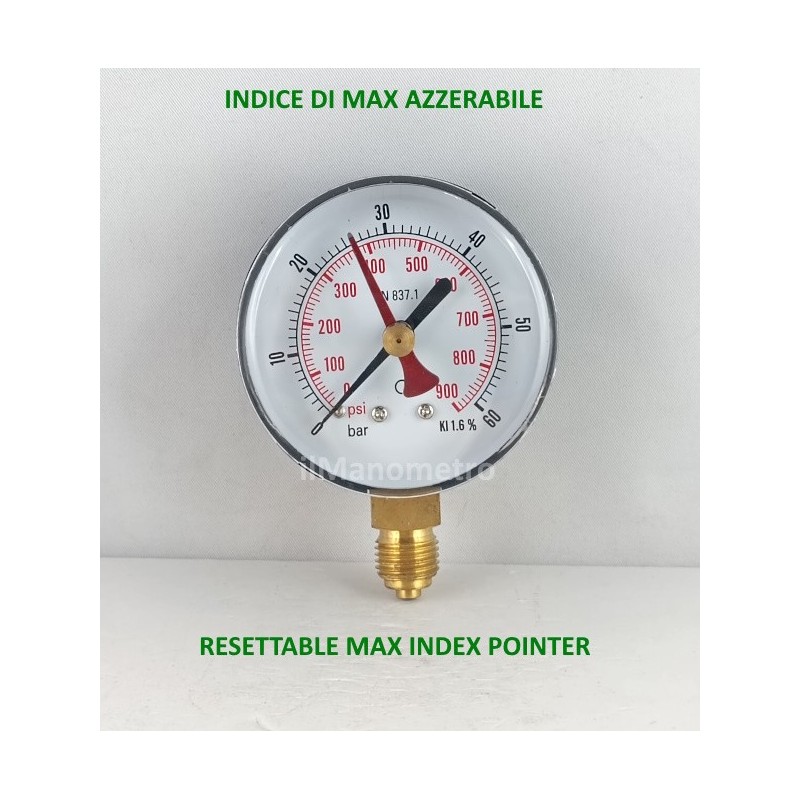 Manometro 60 Bar con indice di massima diametro dn 63mm radiale Manometro 60 Bar con indice di massima diametro dn 63mm radiale