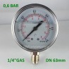 Glycerine filled pressure gauge 0,6 Bar diameter dn 63mm bottom