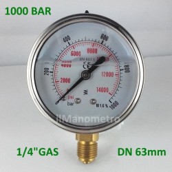 Glycerine filled pressure gauge 1000 Bar diameter dn 63mm bottom
