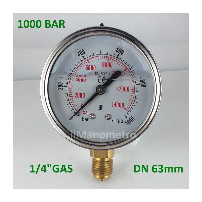 Glycerine filled pressure gauge 1000 Bar diameter dn 63mm bottom