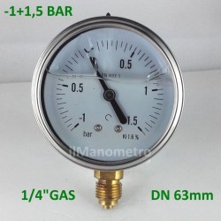Glycerine filled pressure gauge -1+1,5 Bar diameter dn 63mm bottom